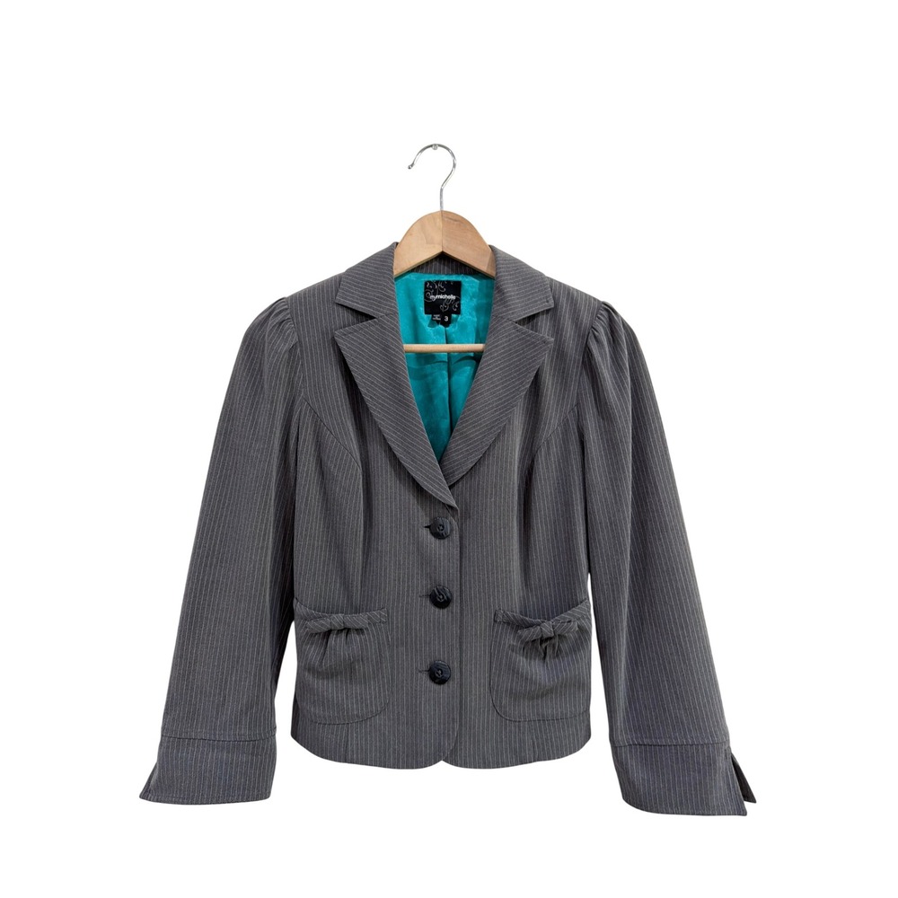 My Michelle Juniors Gray Pinstripe 3-Button‎ Blazer Teal Lining Size 3